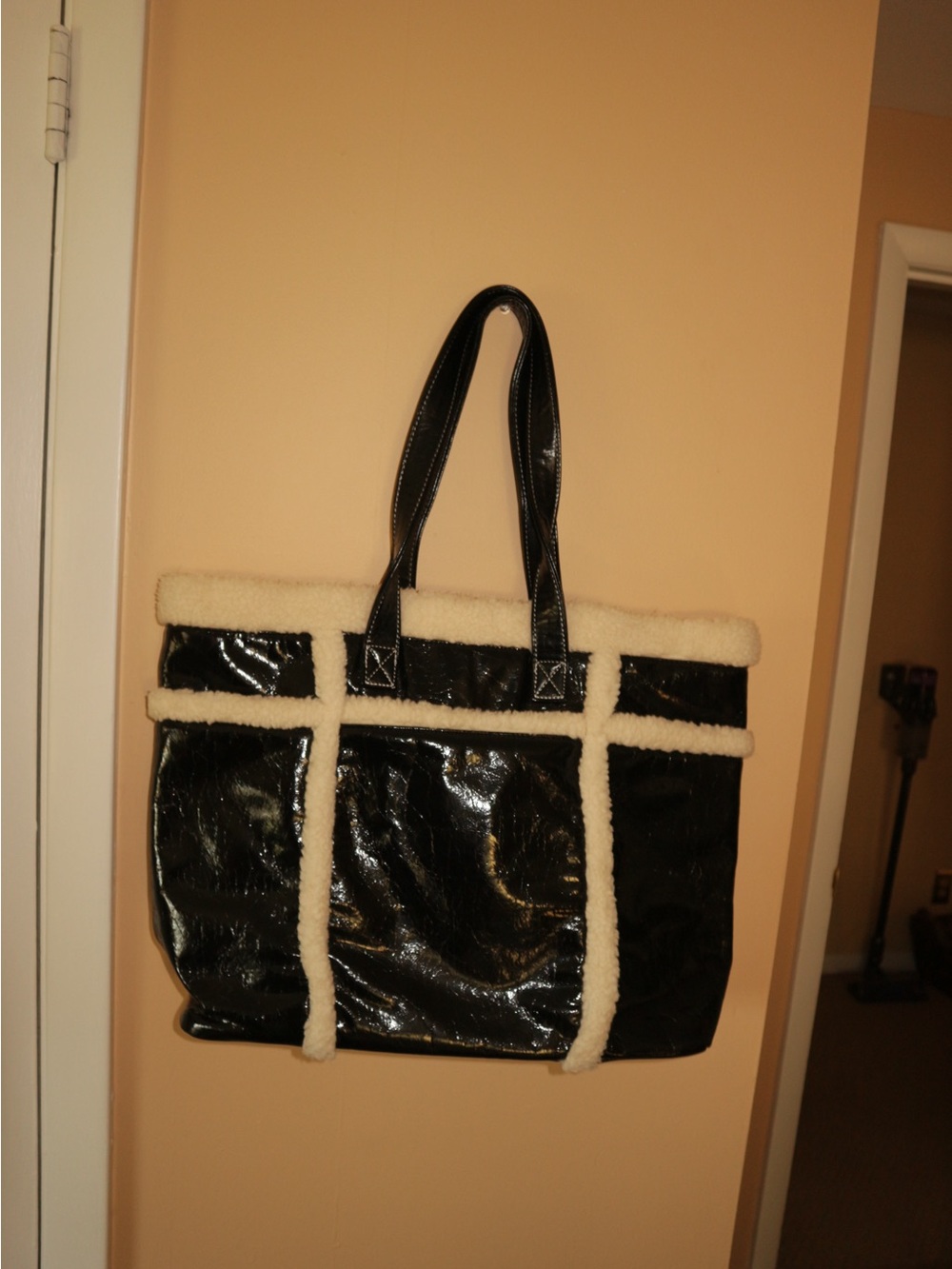 Black Faux Patent Tote with Cream Shearling Trim